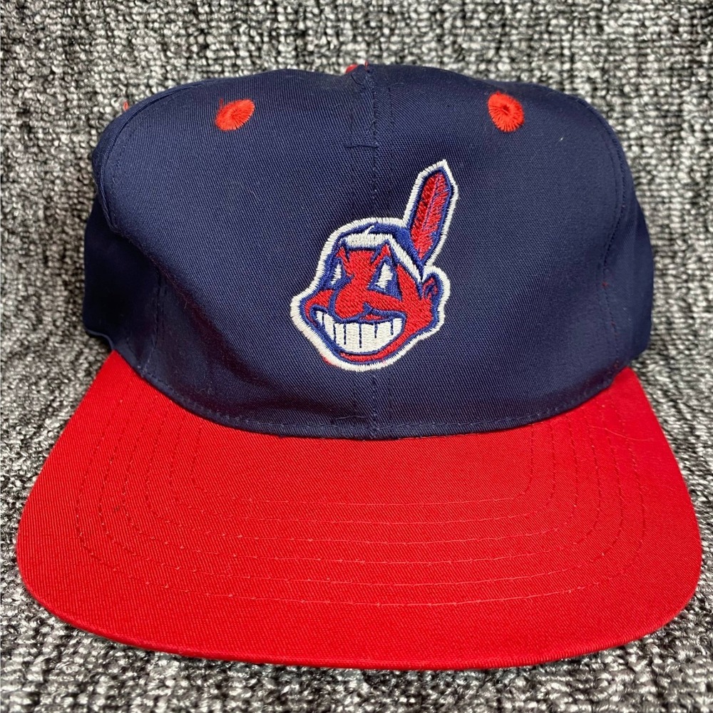 Vintage 90s Cleveland Indians Chief Wahoo Snapback Hat Headmost Navy Red MLB